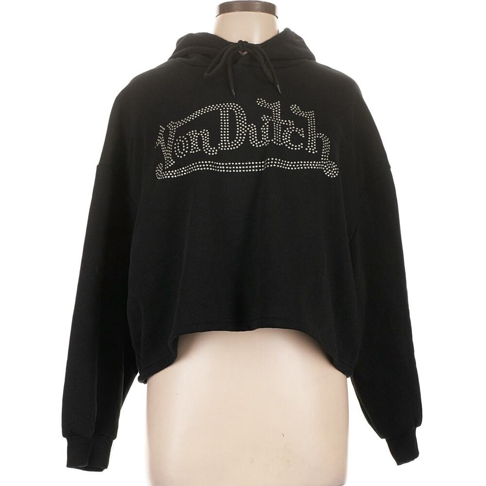 Von Dutch Vintage Womens Size L Black Cropped Jeweled Logo Pullover Hoodie Y2K - Picture 4 of 10
